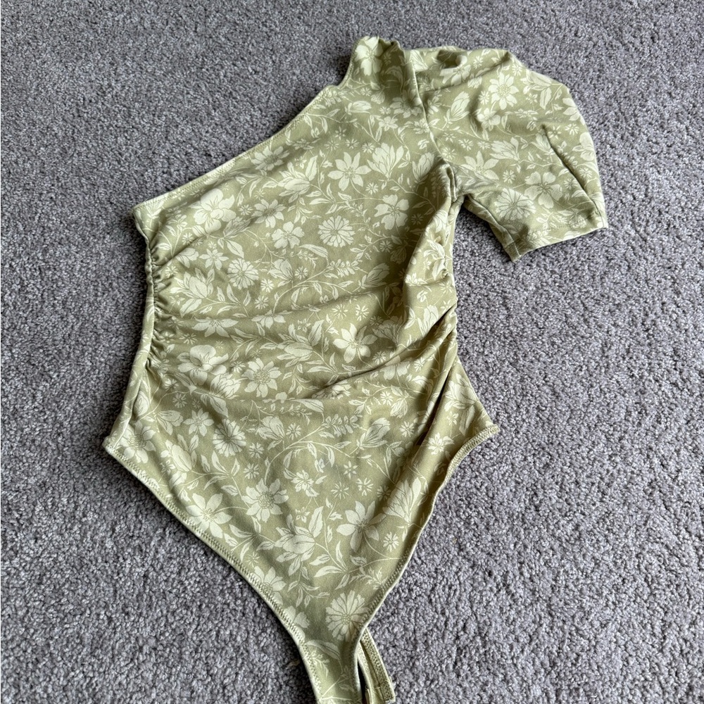 Free People Olive Floral Asymmetrical Top